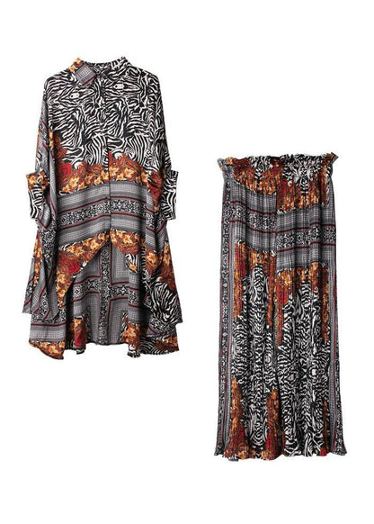 Diy Color Block Zebra Pattern Asymmetrical Design Print Spring Chiffon Two-Piece Set Half Sleeve - SooLinen