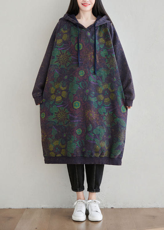 Diy Dunkelblau seitlich offen Kordelzug Kapuze Lose Sweatshirt Kleider Frühling