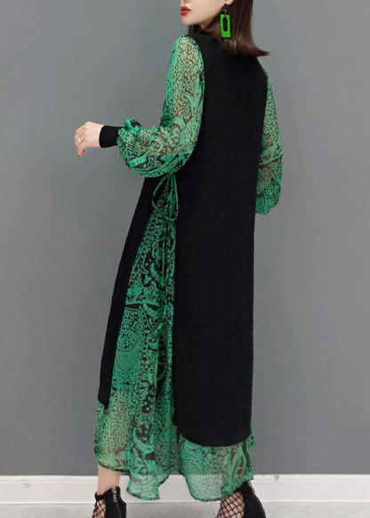 Diy Grün O-Ausschnitt Krawatte Taille Spitze Patchwork Strickkleid Frühling