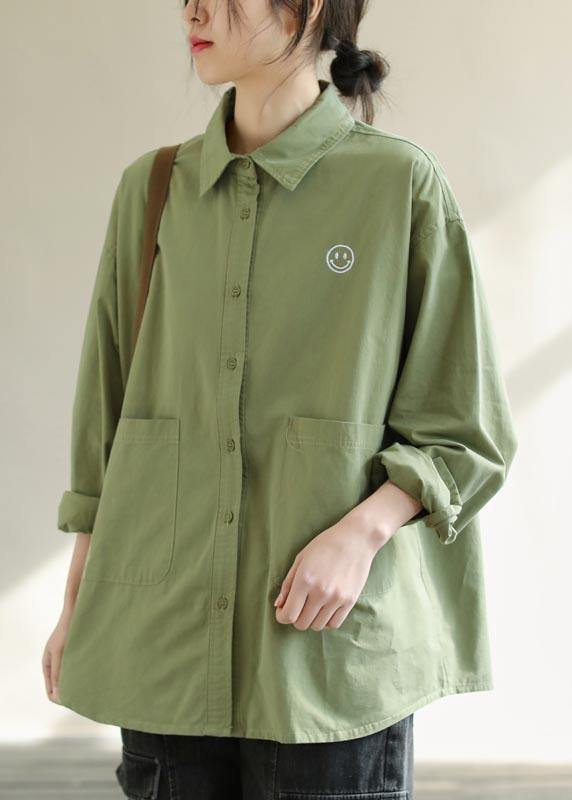 Diy Green Smiling Face Tunic Lapel Pockets Baggy Spring Shirts - SooLinen