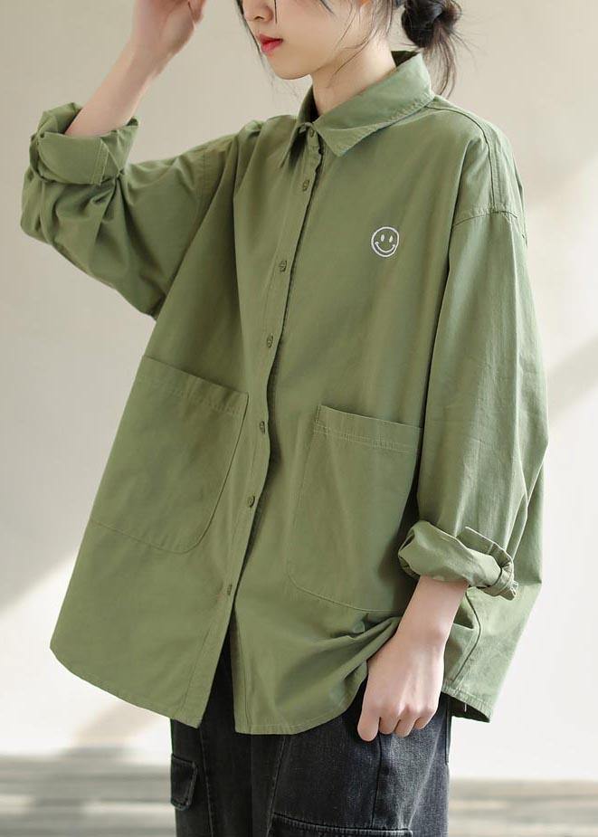 Diy Green Smiling Face Tunic Lapel Pockets Baggy Spring Shirts - SooLinen