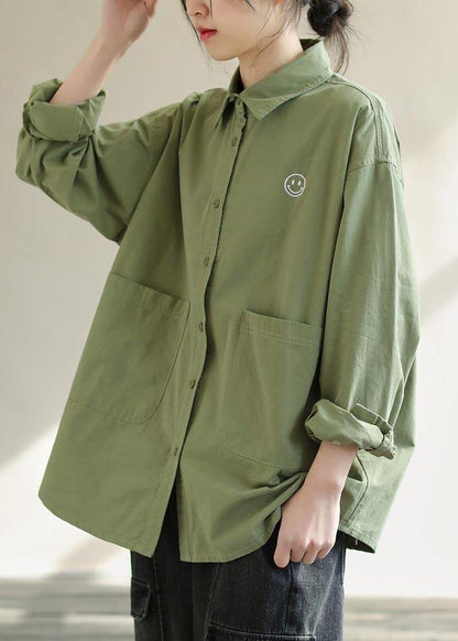 Diy Green Smiling Face Tunic Lapel Pockets Baggy Spring Shirts - SooLinen