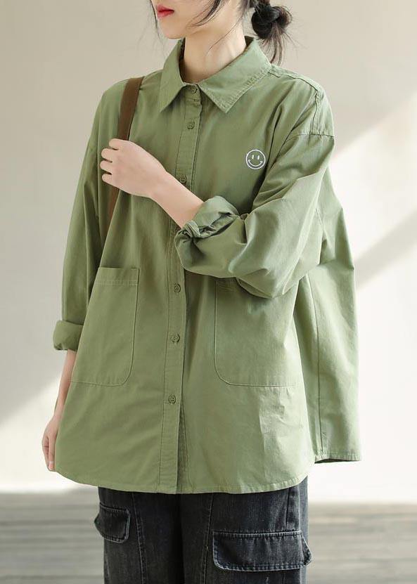 Diy Green Smiling Face Tunic Lapel Pockets Baggy Spring Shirts - SooLinen