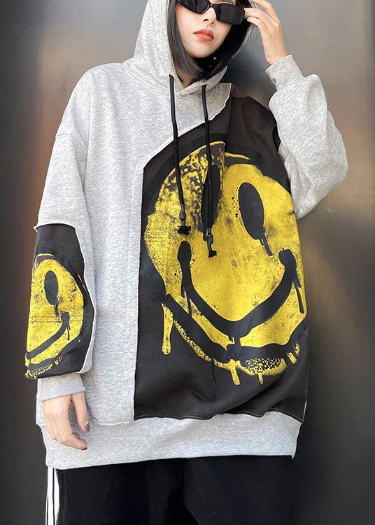 Diy Hooded Patchwork Spring Clothes For Women Shirts Gray Print Tops - SooLinen