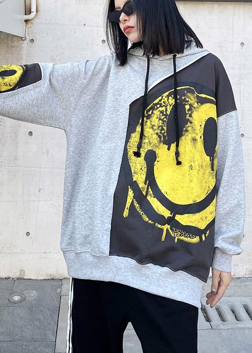 Diy Hooded Patchwork Spring Clothes For Women Shirts Gray Print Tops - SooLinen