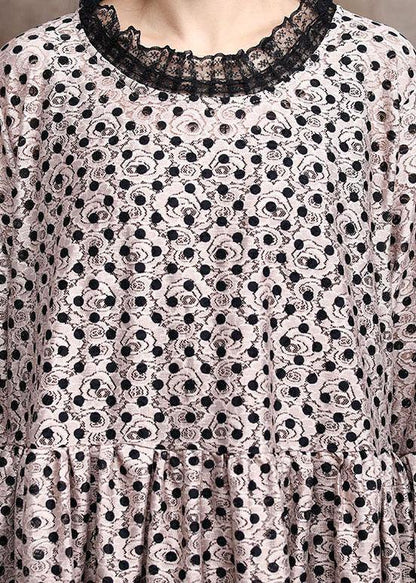 Diy Khaki Dot Silk Patchwork Lace Mid Dress Summer - SooLinen