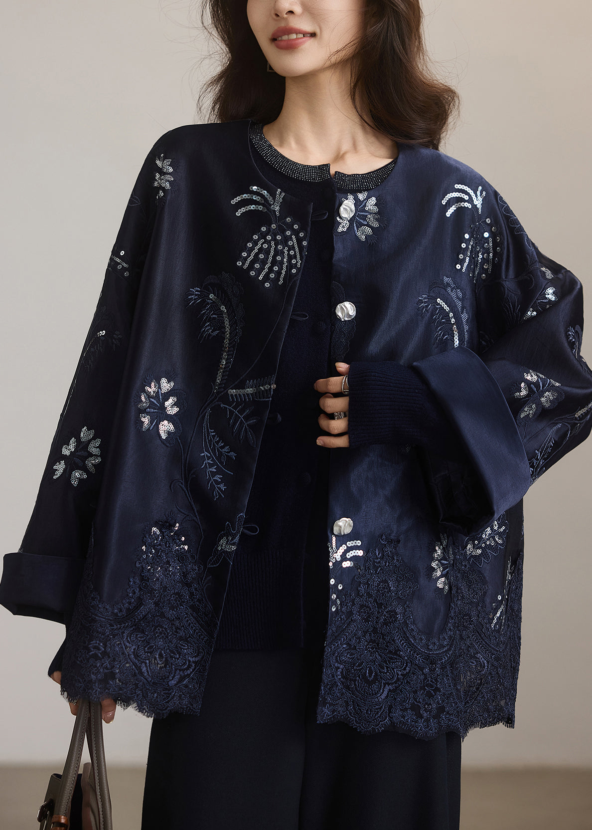 Diy Navy Embroidered Sequins Patchwork Lace Silk Coat Winter