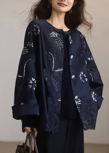 Diy Navy Embroidered Sequins Patchwork Lace Silk Coat Winter