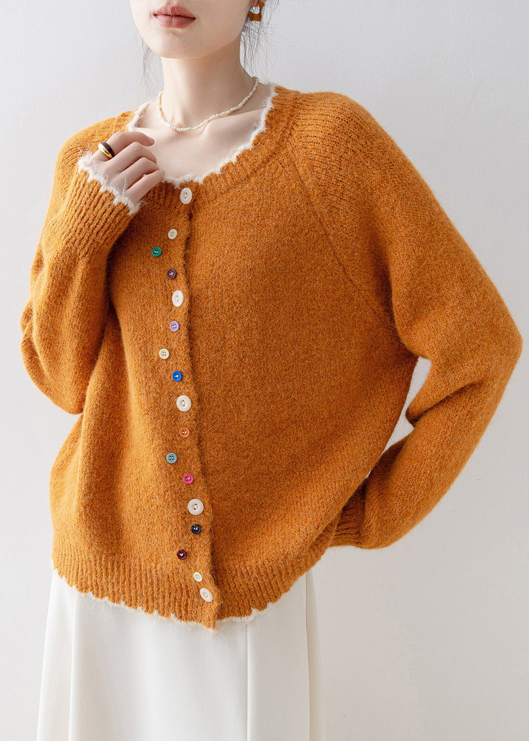 Diy Orange O-Neck Multicolour Buttons Knit Cardigans Winter