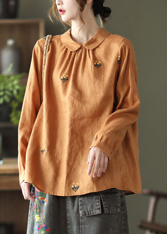 Diy Orange Wrinkled Embroideried Patchwork Leinen Shirts Langarm