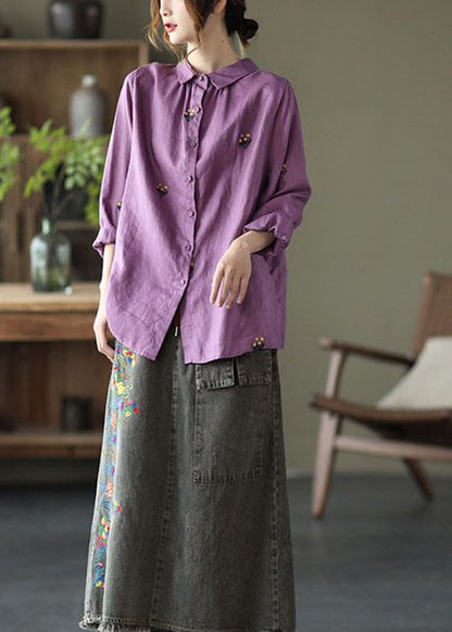 Diy Orange Wrinkled Embroideried Patchwork Leinen Shirts Langarm