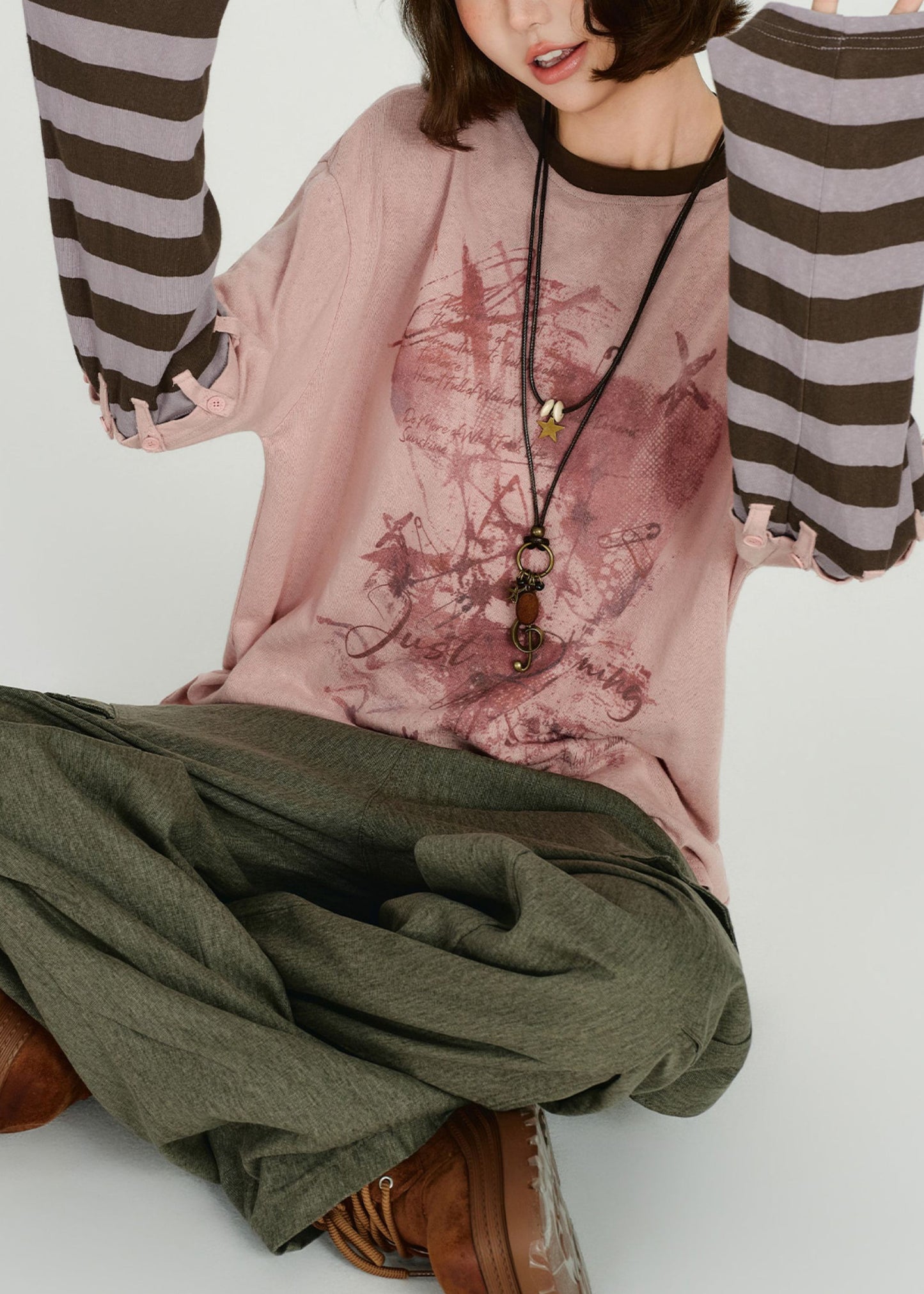 Suéter de dos piezas de algodón artificial con patchwork extragrande de color rosa para primavera