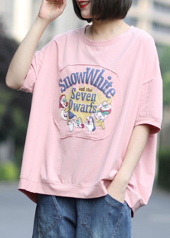 Diy Pink Print O-Neck Cotton Summer Tees - SooLinen