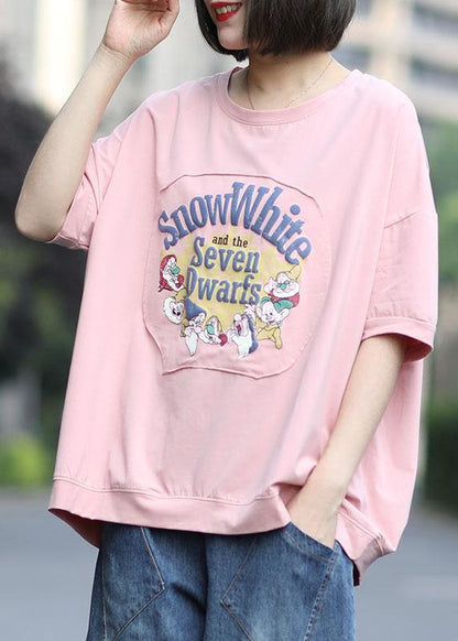 Diy Pink Print O-Neck Cotton Summer Tees - SooLinen