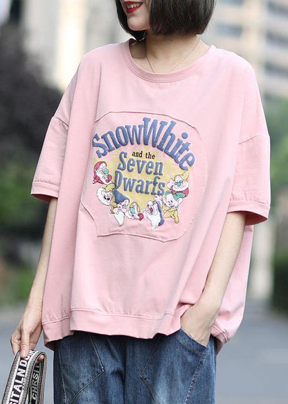 Diy Pink Print O-Neck Cotton Summer Tees - SooLinen