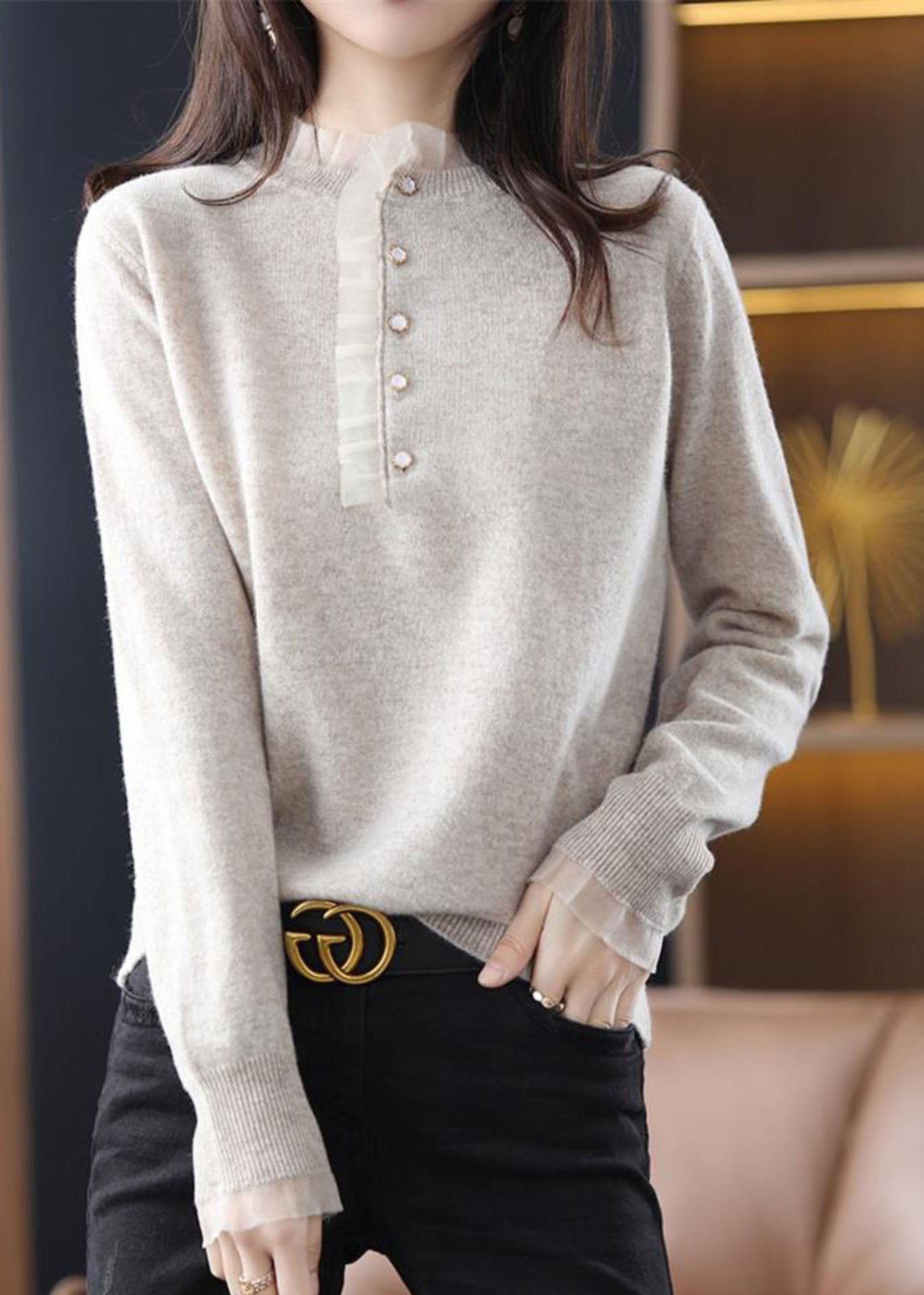 Diy Lila Rüschen Patchwork Wolle Stricken Kurzen Pullover Frühling