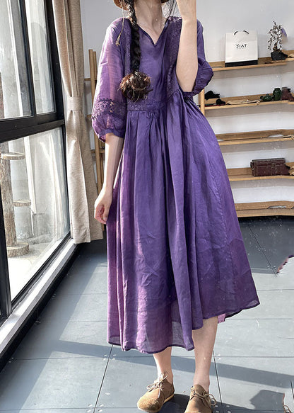 Diy Lila V-Ausschnitt Geraffte Spitze Patchwork Extra Großer Saum Baumwollkleider Laternenärmel