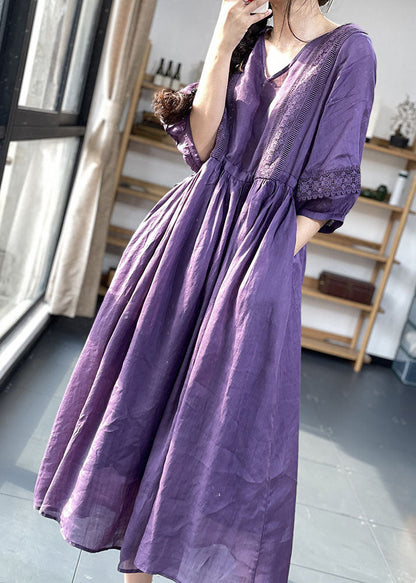 Diy Lila V-Ausschnitt Geraffte Spitze Patchwork Extra Großer Saum Baumwollkleider Laternenärmel