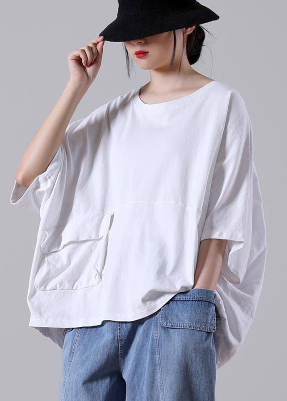 Diy White O-Neck Pockets Cotton Top Summer - SooLinen