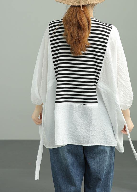 Diy White Patchwork Striped tie waist Cotton Summer Top - SooLinen