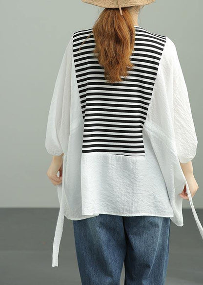 Diy White Patchwork Striped tie waist Cotton Summer Top - SooLinen