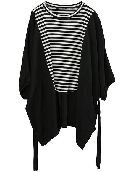 Diy White Patchwork Striped tie waist Cotton Summer Top - SooLinen