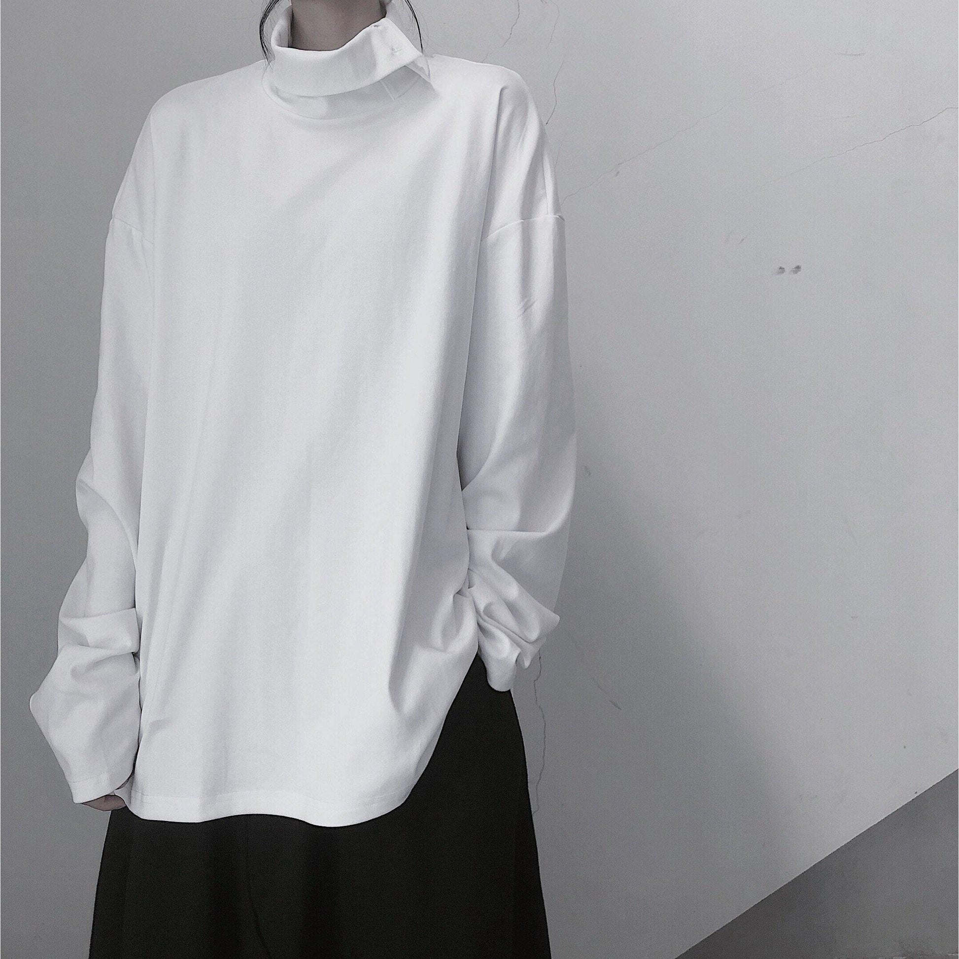 Diy White Tunic Top High Neck Asymmetric Midi Top - SooLinen