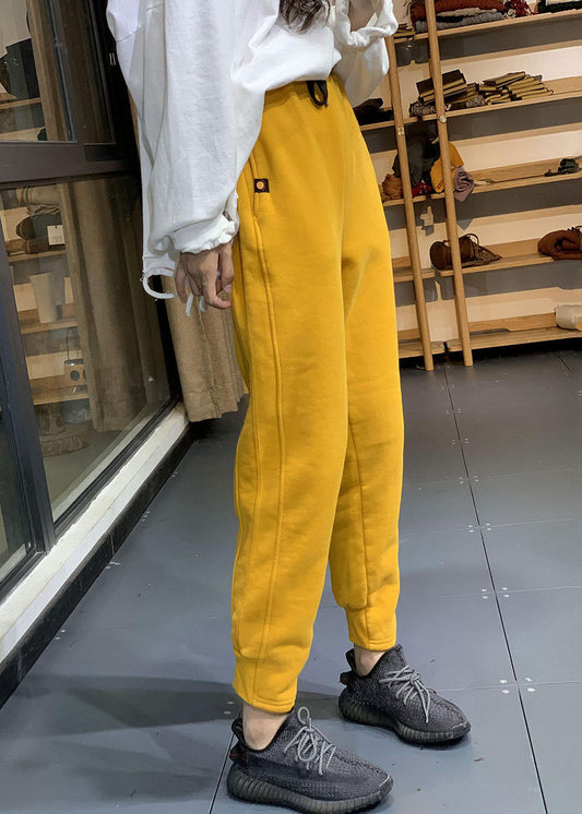 Diy gelb elastische Taille Kordelzug Taschen warme Fleece Sweatshirt Hose Winter