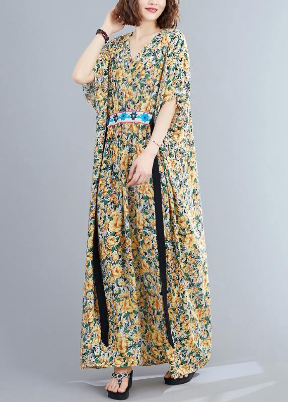 Diy Yellow Print Loose Long Summer Cotton Dress - SooLinen