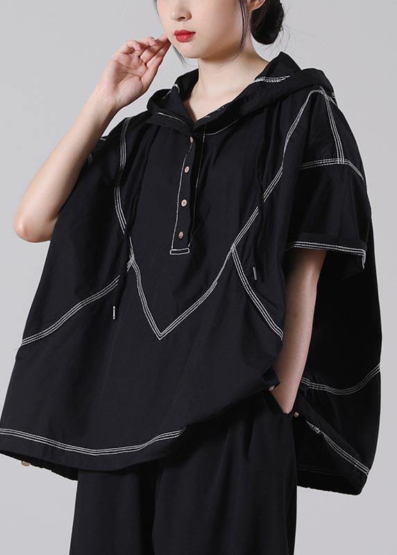 Drawstring Elegant Black drawstring Cotton Blouses Summer - SooLinen
