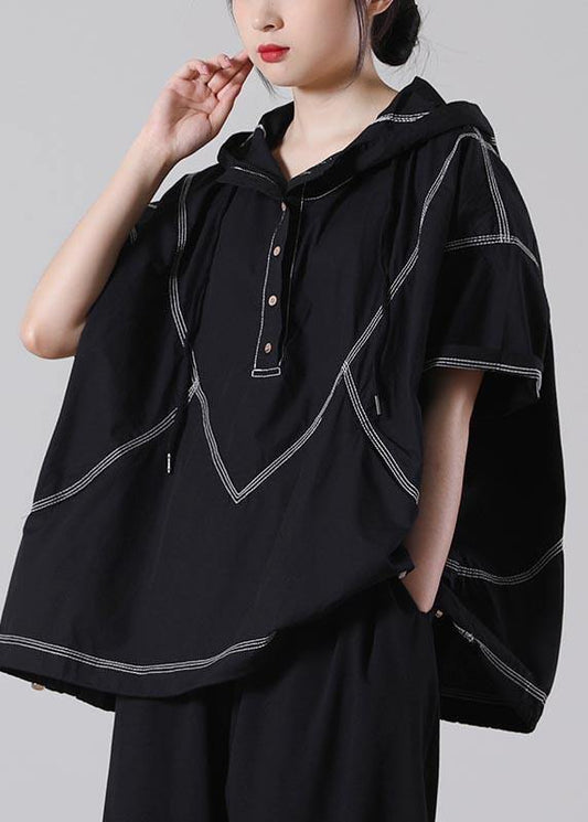 Drawstring Elegant Black drawstring Cotton Blouses Summer - SooLinen