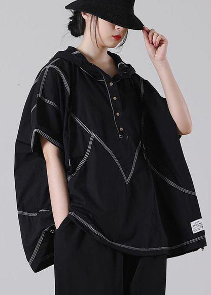 Drawstring Elegant Black drawstring Cotton Blouses Summer - SooLinen