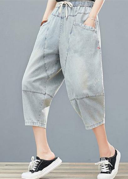 Drawstring personality pocket washed jeans plus size women's elasticated waist cropped pants - SooLinen