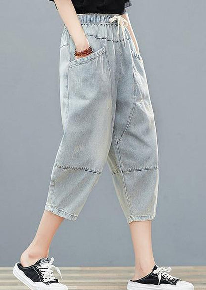 Drawstring personality pocket washed jeans plus size women's elasticated waist cropped pants - SooLinen