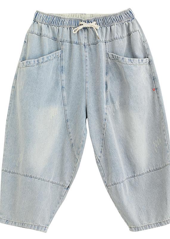 Drawstring personality pocket washed jeans plus size women's elasticated waist cropped pants - SooLinen