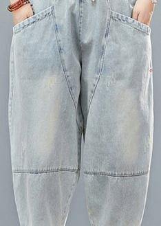 Drawstring personality pocket washed jeans plus size women's elasticated waist cropped pants - SooLinen