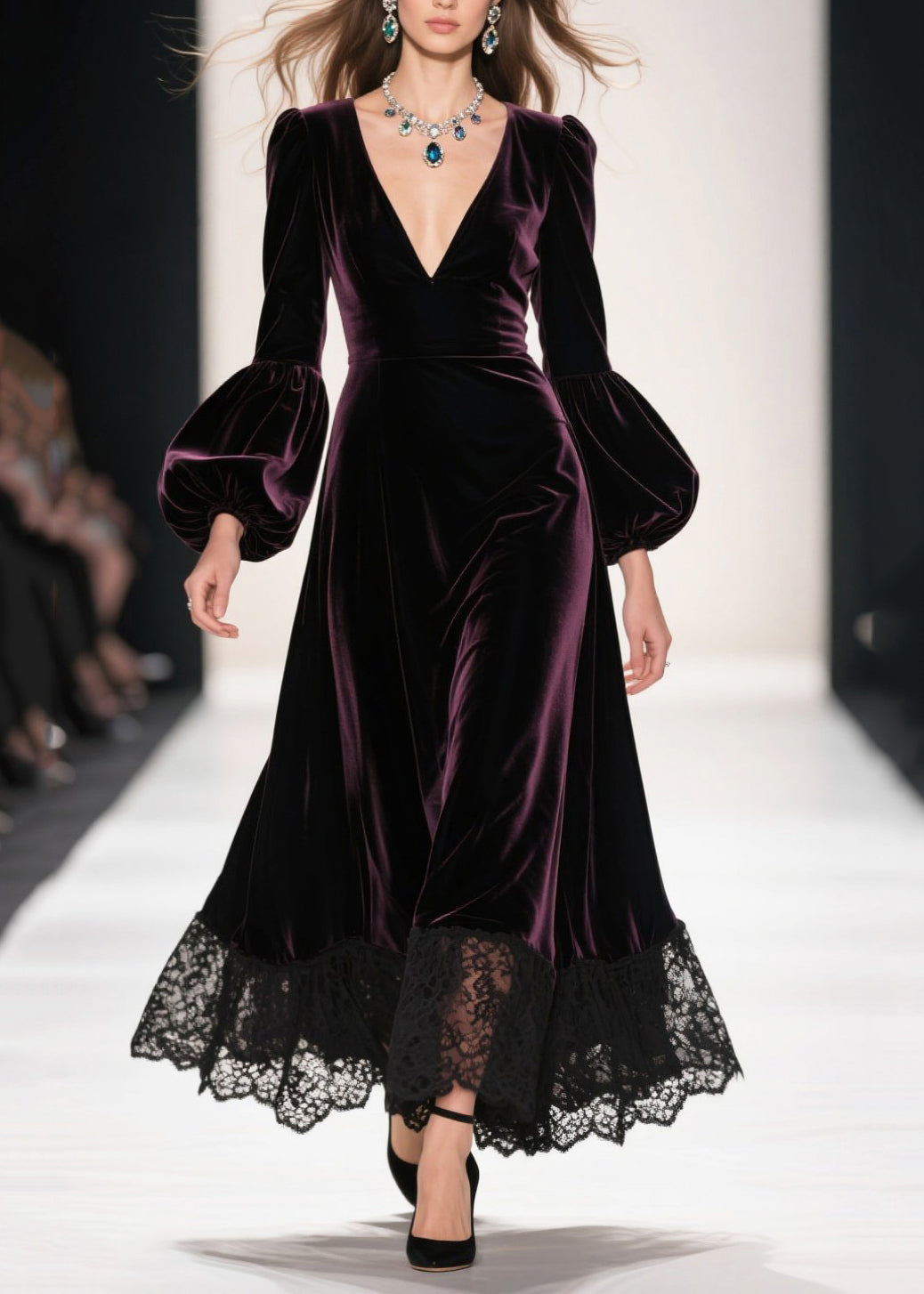 Vestido largo de terciopelo de seda con patchwork morado opaco, escote en V profundo y mangas farol