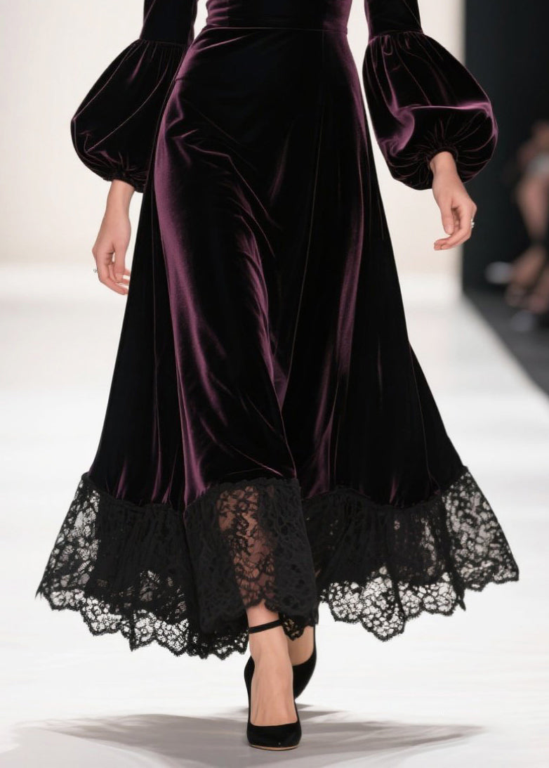 Vestido largo de terciopelo de seda con patchwork morado opaco, escote en V profundo y mangas farol