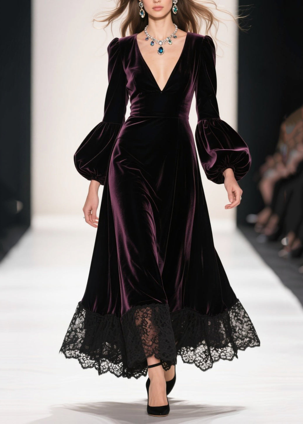 Vestido largo de terciopelo de seda con patchwork morado opaco, escote en V profundo y mangas farol