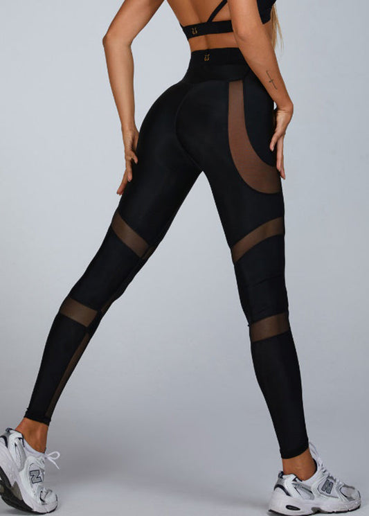 Dynamic Black High Waist Tulle Patchwork Capri Running Leggings
