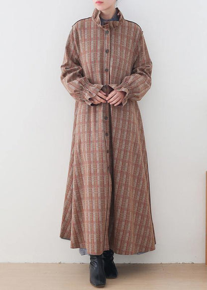 Elegant  casual medium length jackets jacket pink plaid stand collar Button Down wool overcoat - SooLinen