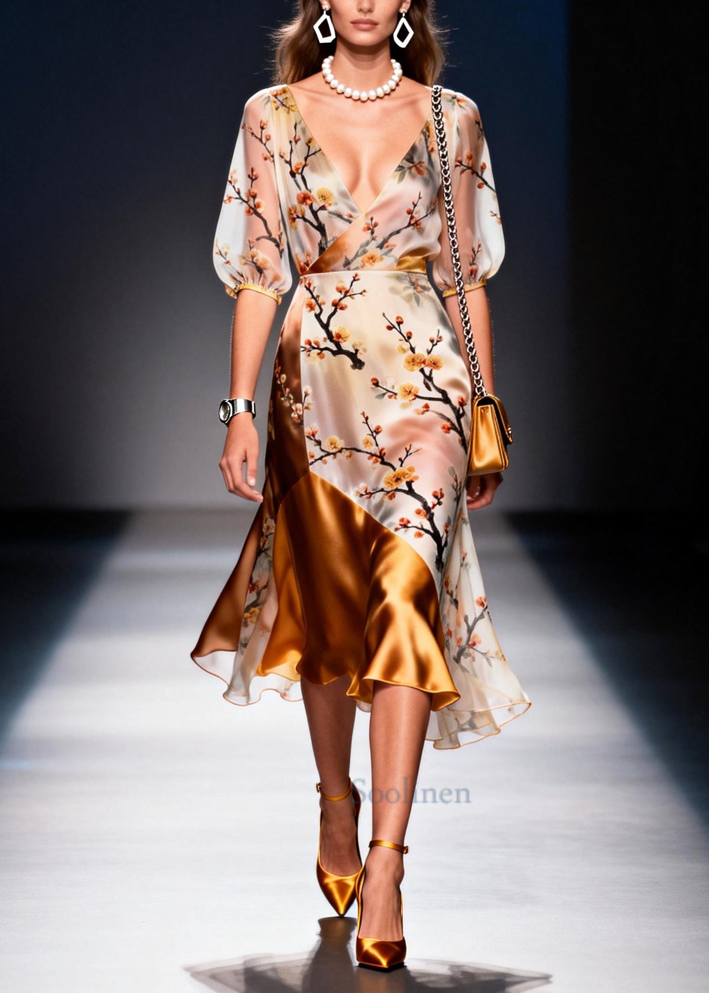 Elegant Apricot Asymmetrical Patchwork Print Chiffon Vacation Dresses Summer