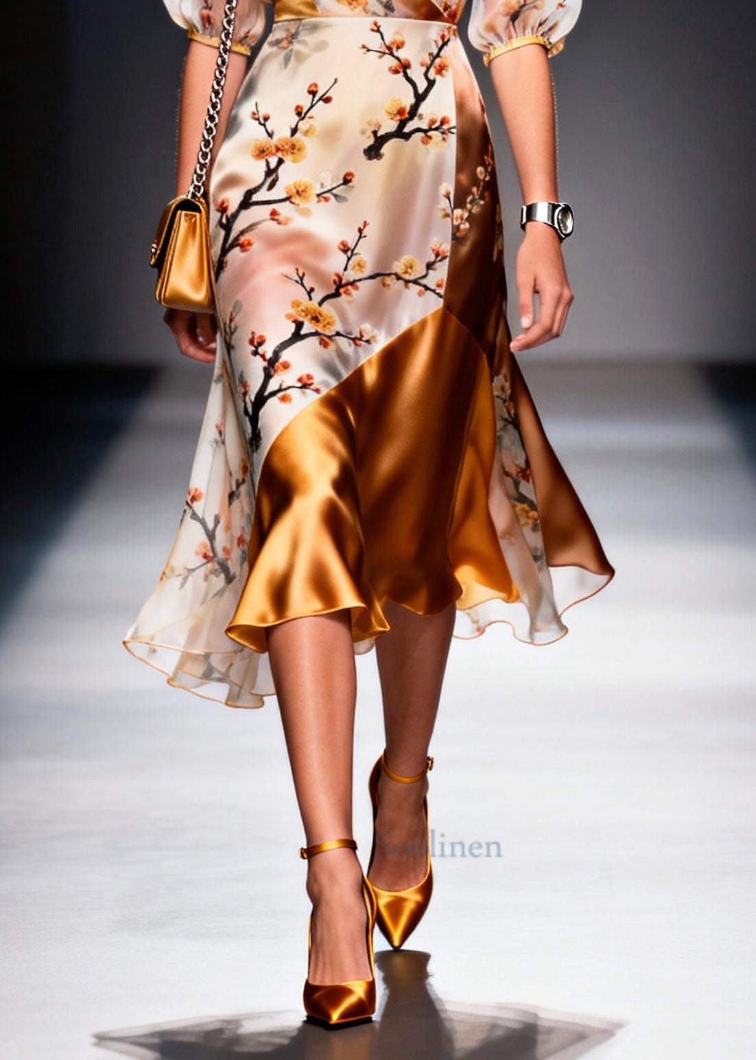 Elegant Apricot Asymmetrical Patchwork Print Chiffon Vacation Dresses Summer