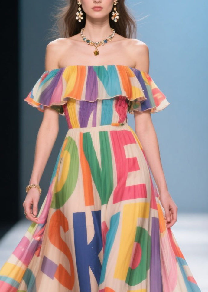 Elegant Apricot Cold Shoulder Print Silk Vacation Dress Summer