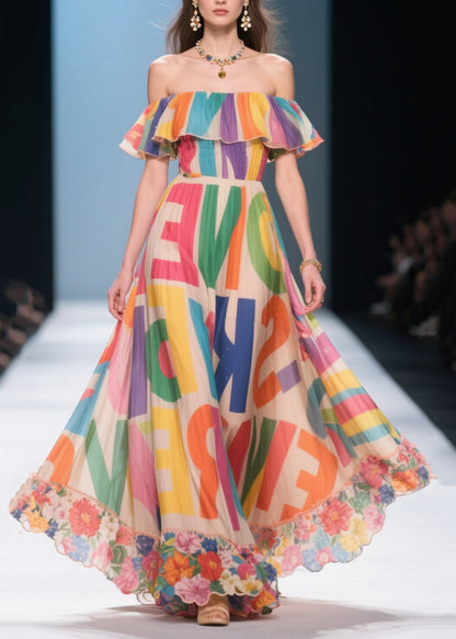 Elegant Apricot Cold Shoulder Print Silk Vacation Dress Summer