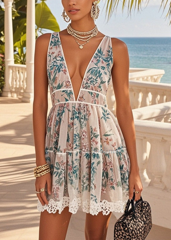 Elegant Apricot Deep-V Neck Print Chiffon Mini Dress Summer