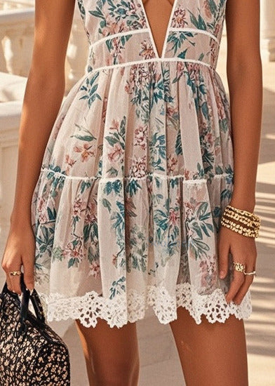 Elegant Apricot Deep-V Neck Print Chiffon Mini Dress Summer