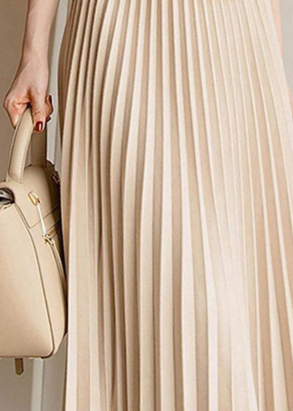 Elegant Apricot Elastic Waist Pleated Skirt Spring