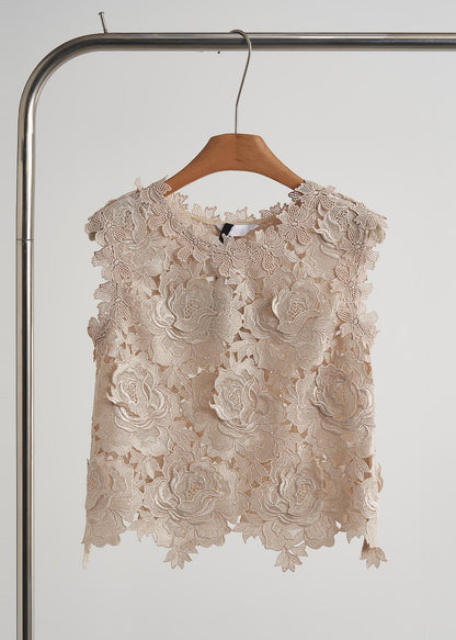 Elegantes chalecos sin mangas con encaje floral bordado en albaricoque