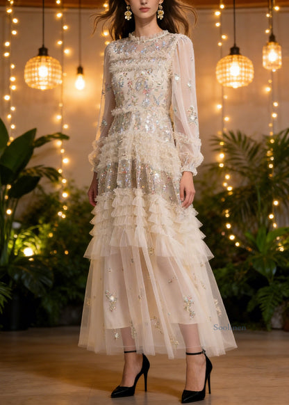 Elegant Apricot Embroidered Ruffled Patchwork Tulle Long Dresses Spring